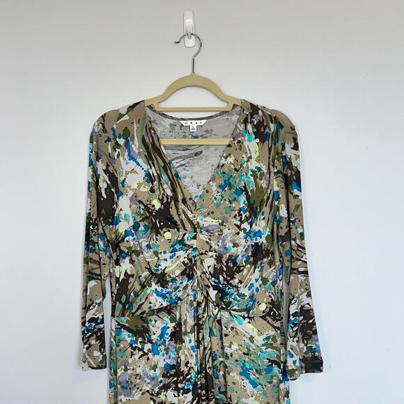 CAbi Womens Gallery Dress Size L Abstract Splatter Ruched Jersey Knit Stretch - Picture 2 of 8